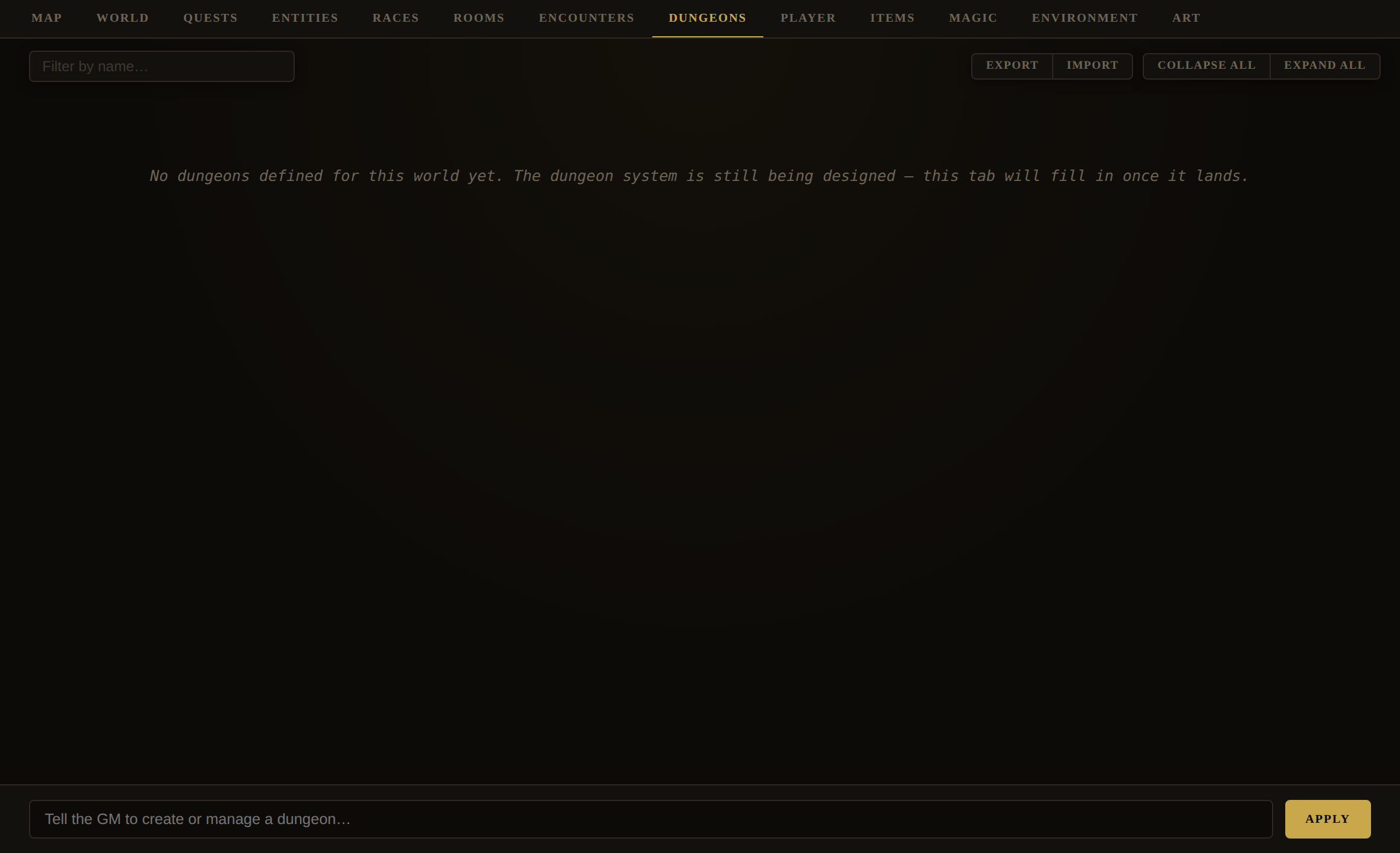 The Dungeons tab (shell)
