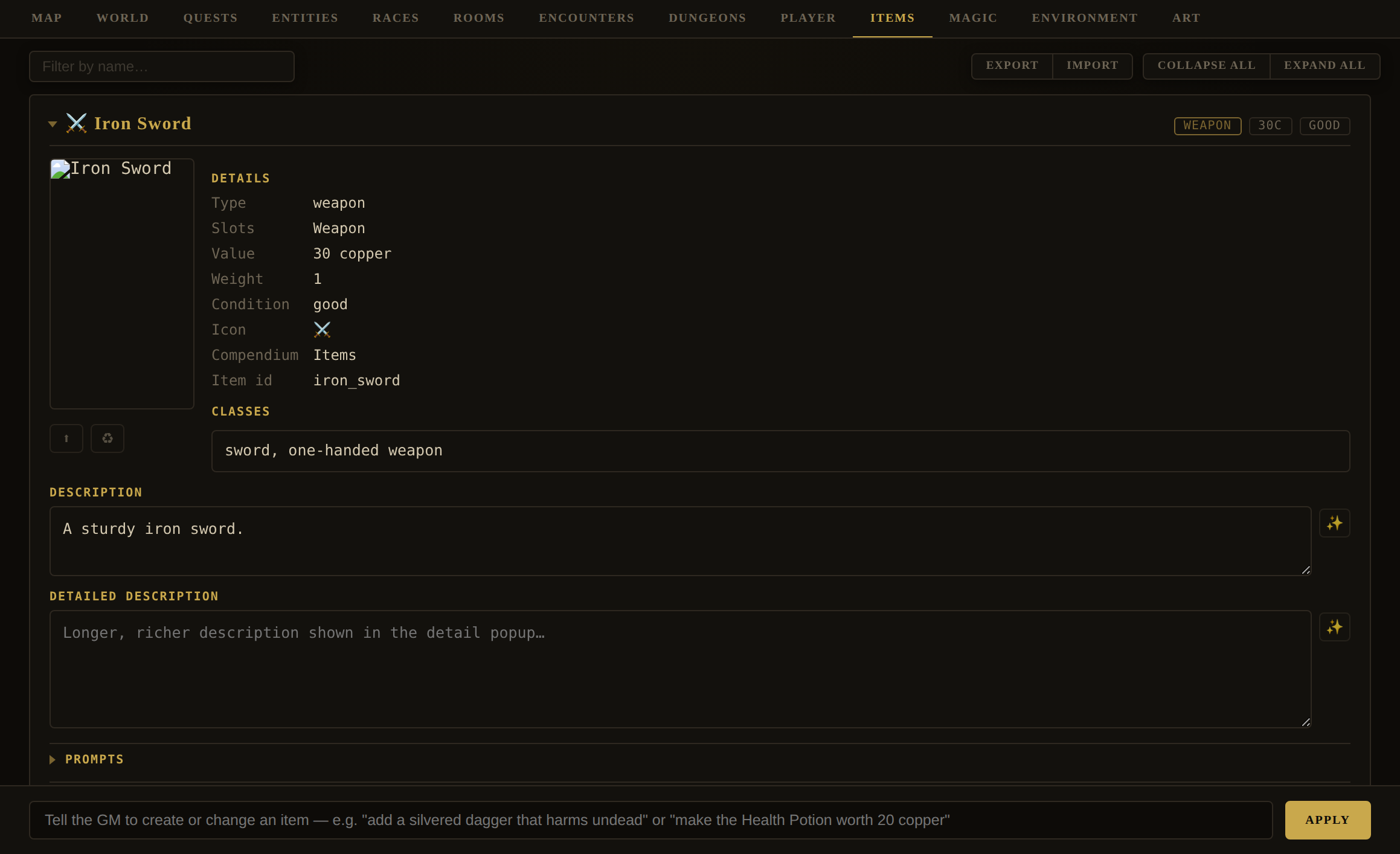 The Items tab