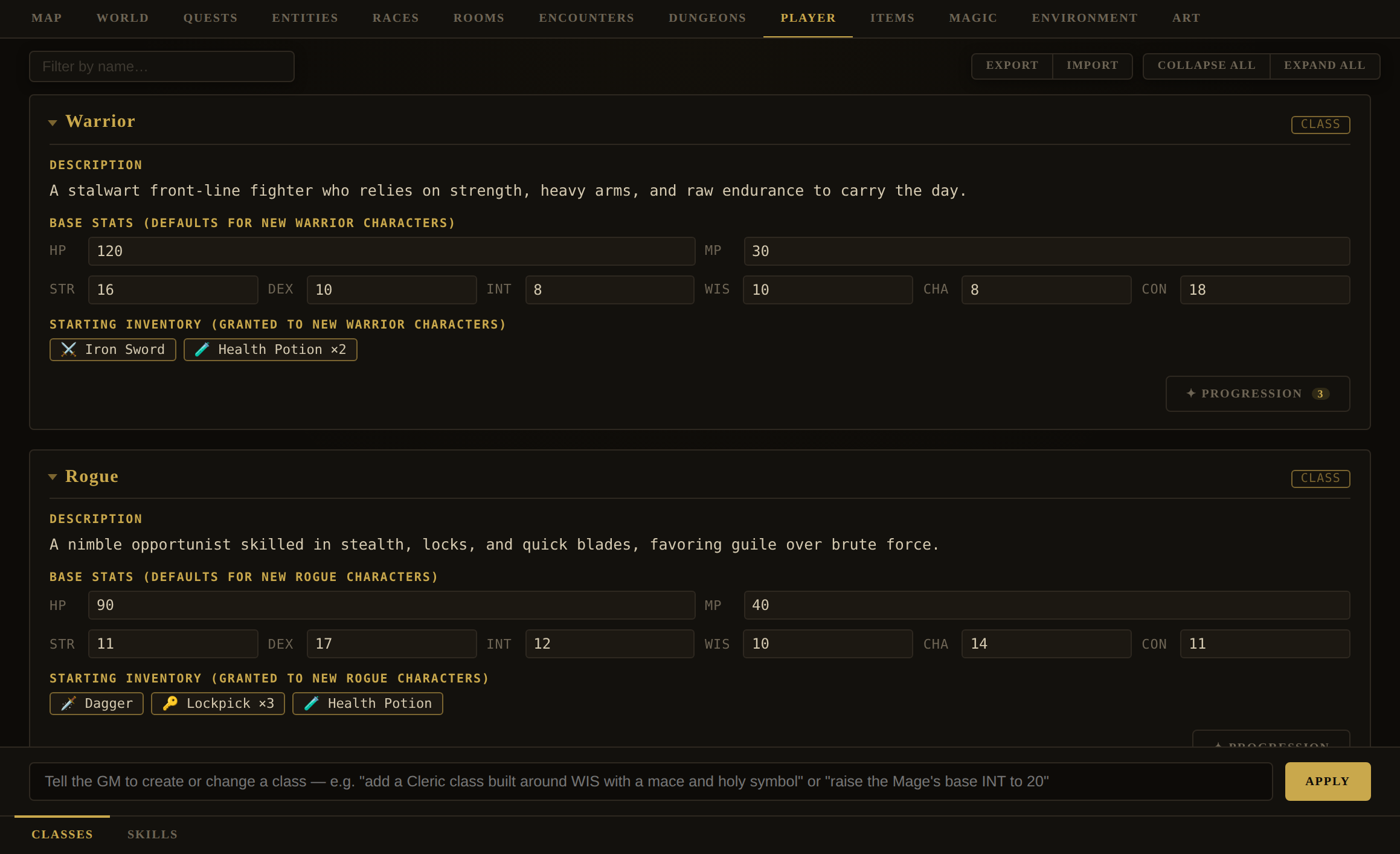 The Player Classes subtab