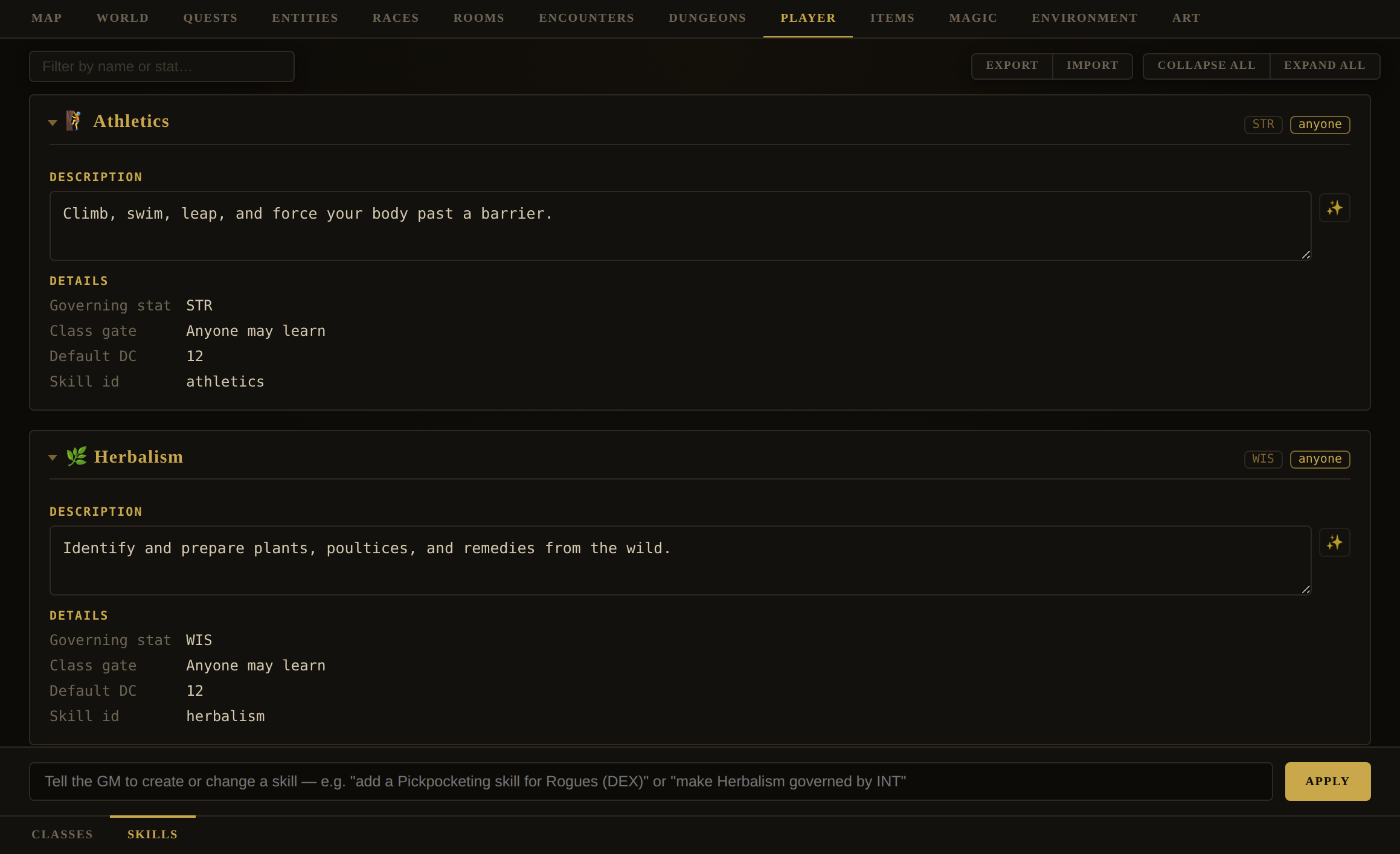 The Player Skills subtab