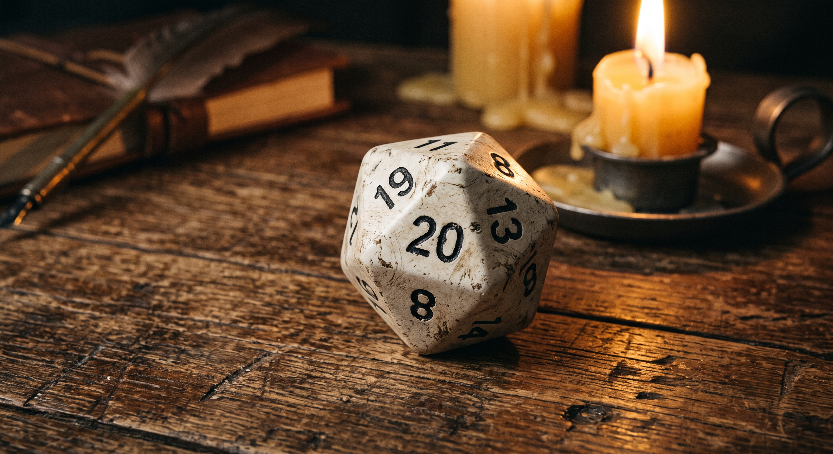 A well-worn d20 resting on a candlelit table beside a leather-bound tome and quill