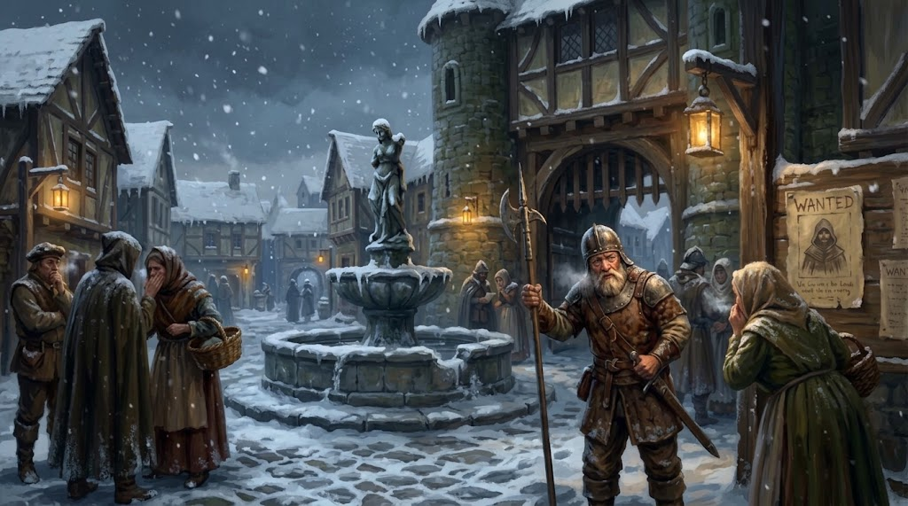 The Village Square in falling snow