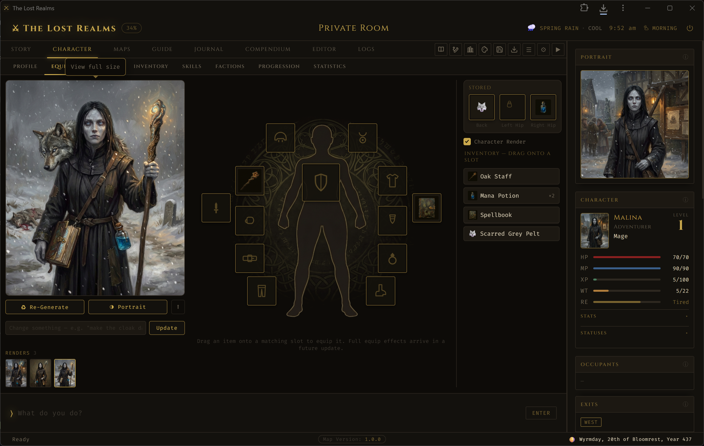 The mage's equipment screen with three renders