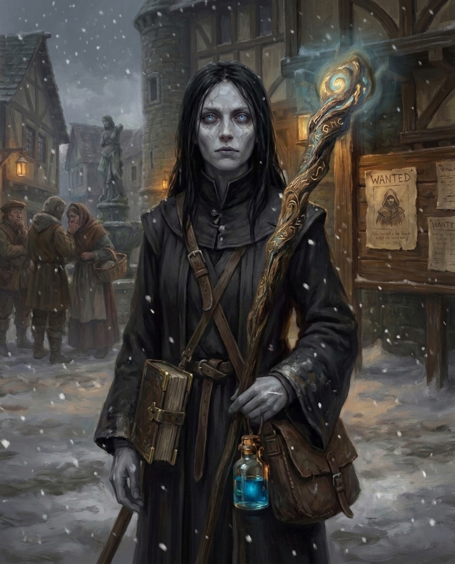 The same mage in the snowbound village square