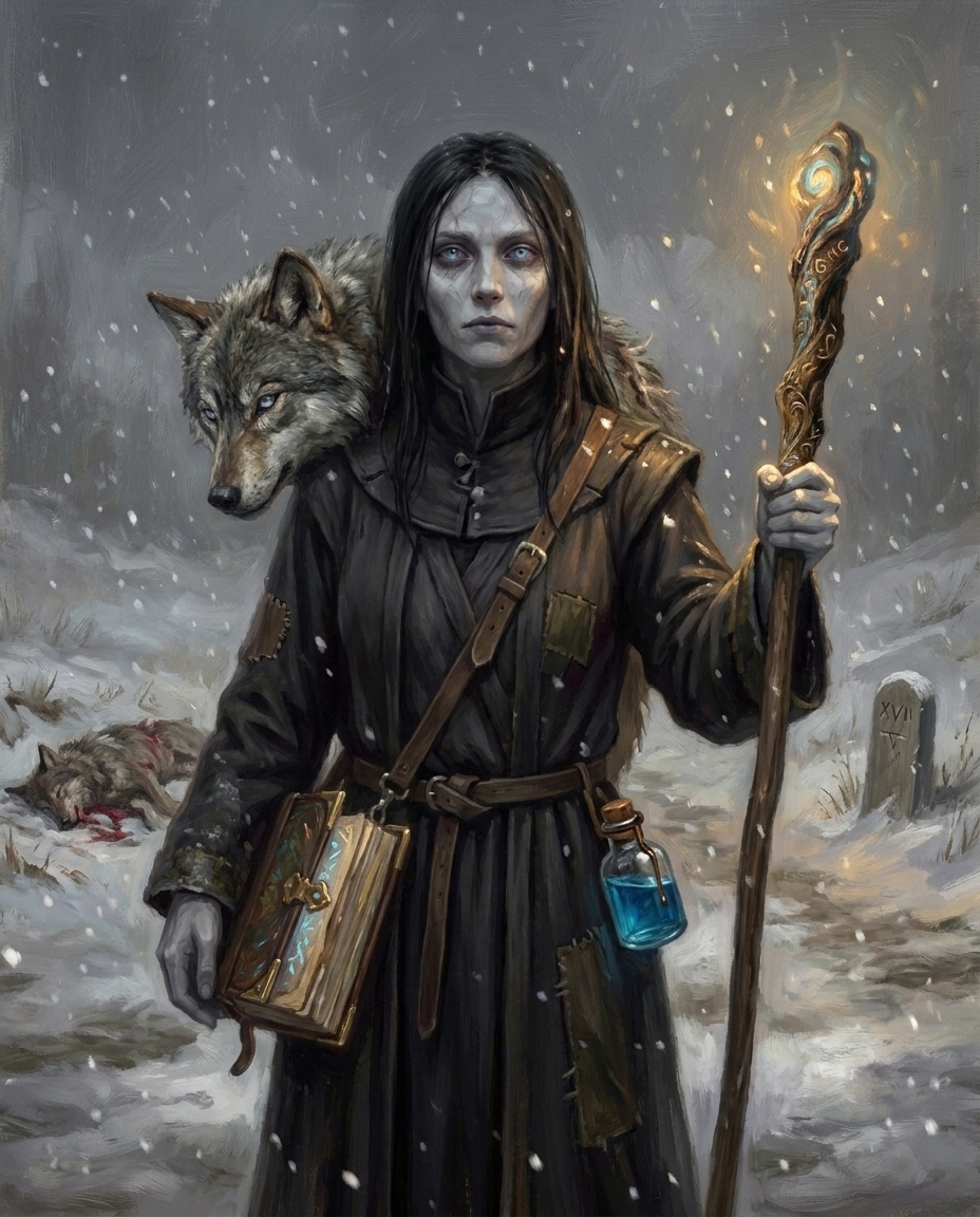 Mage with staff and wolf pelt in the snow