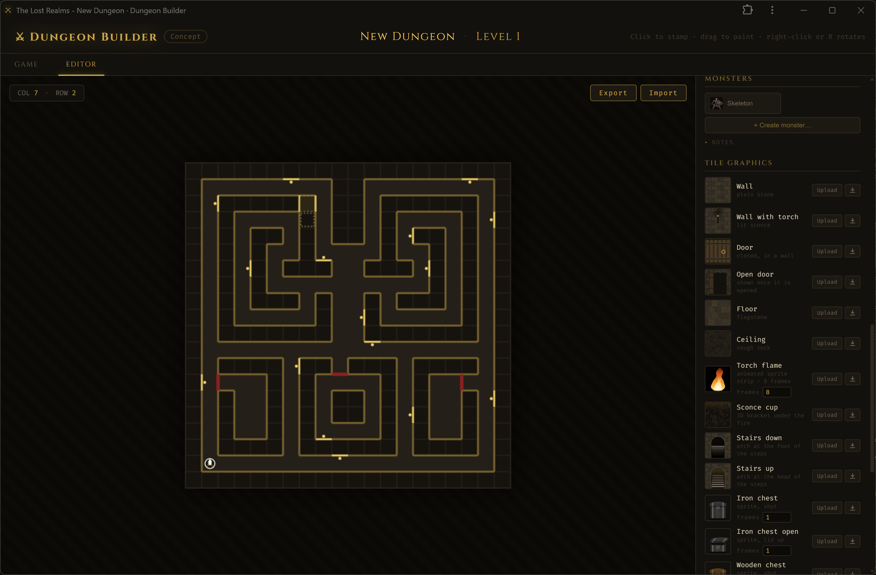 Dungeon Builder grid editor with tile graphics panel