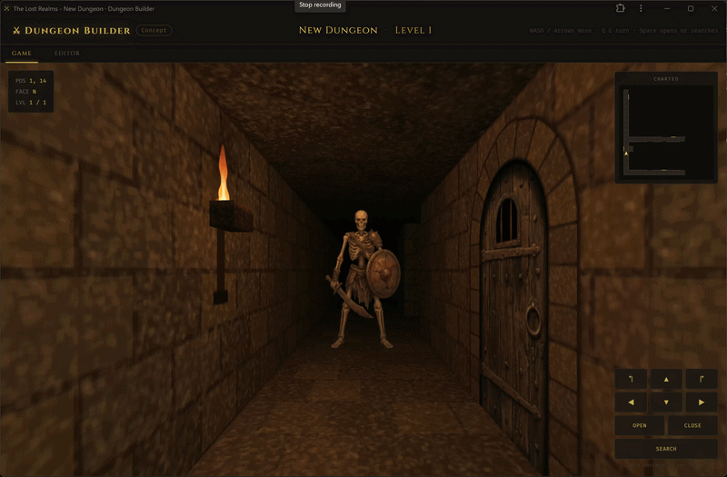First-person view of a torchlit corridor with a skeleton