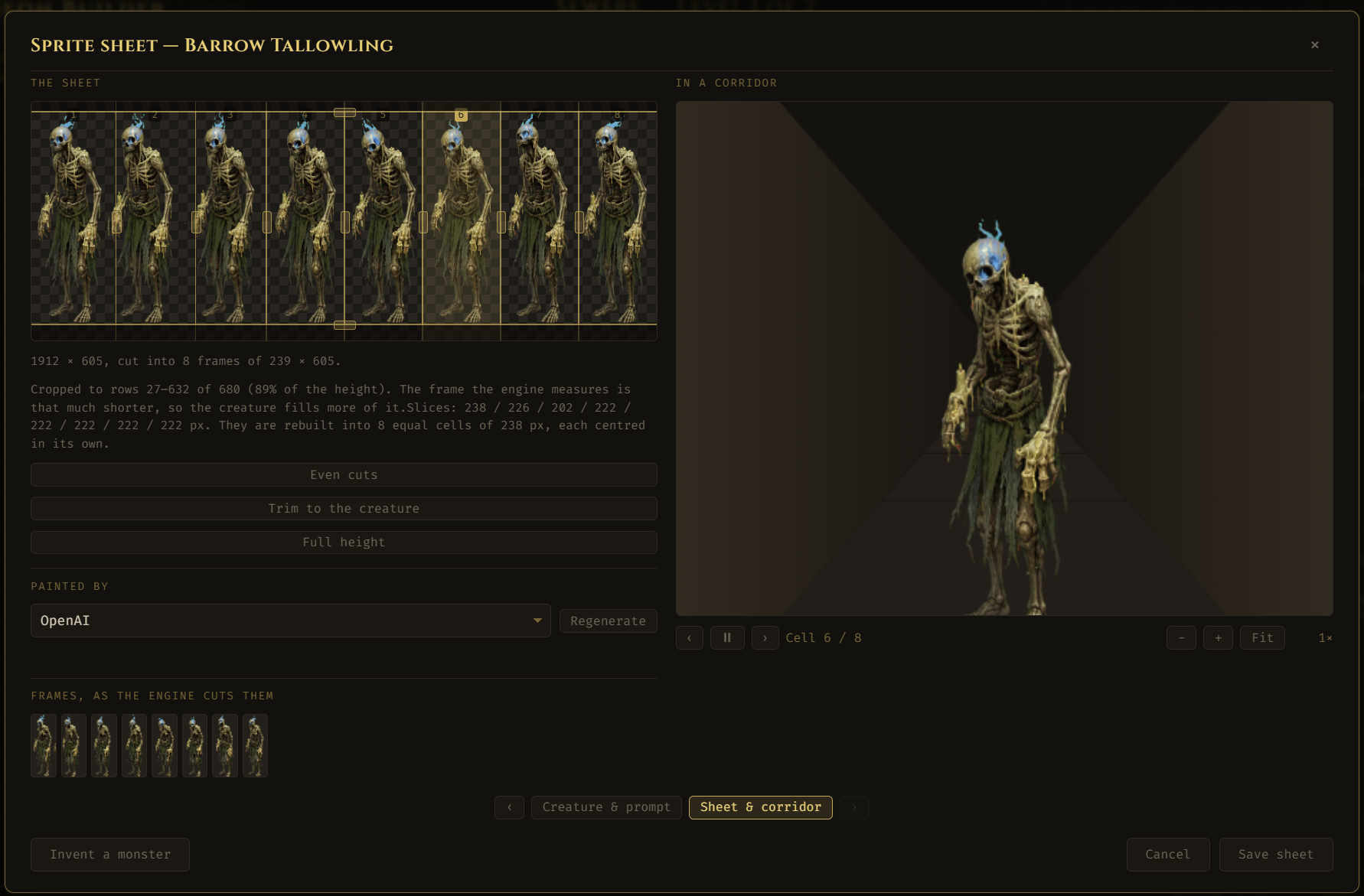 Sprite sheet editor for the Barrow Tallowling, with an animated corridor preview