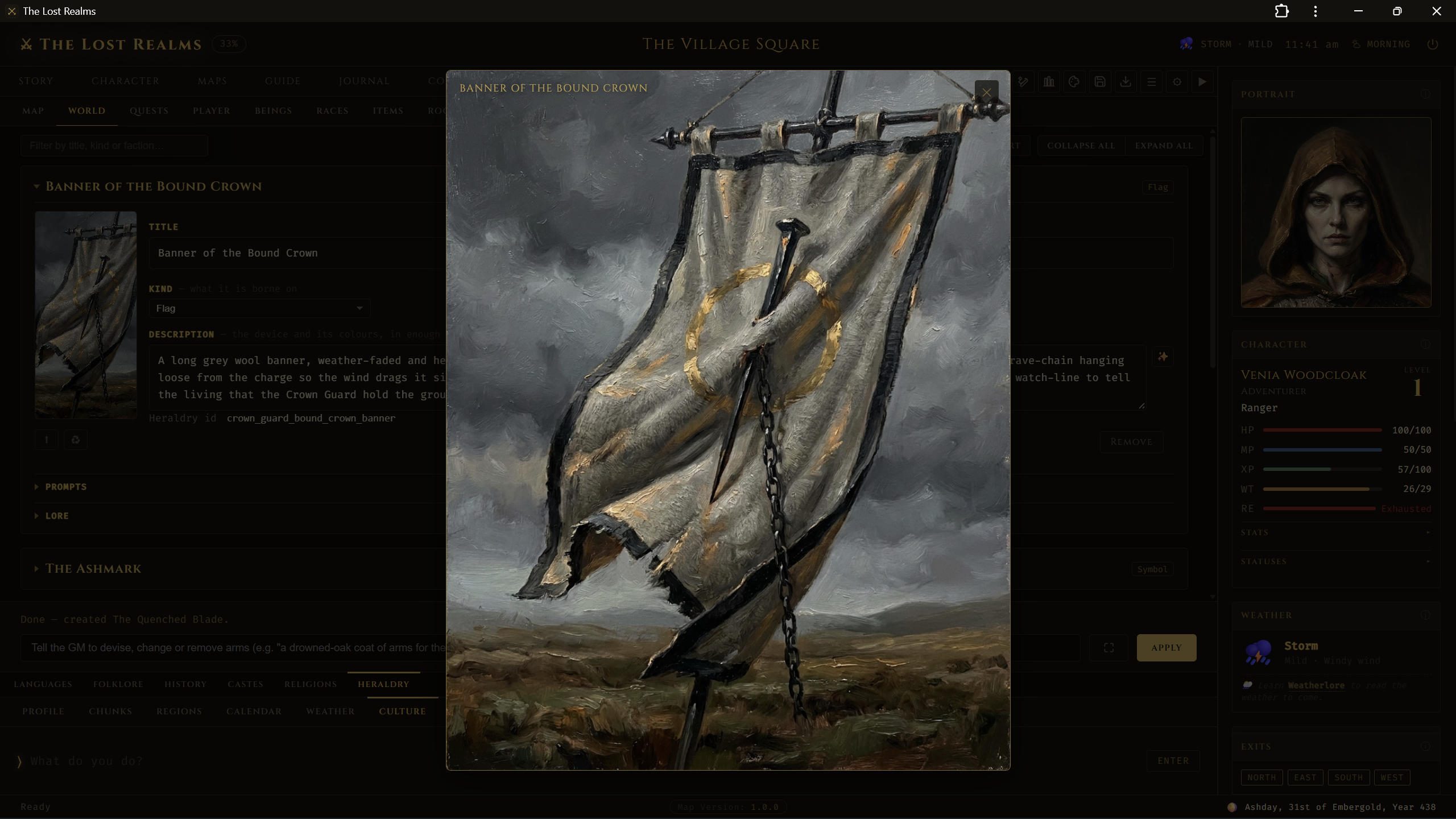 Banner of the Bound Crown flying over open ground