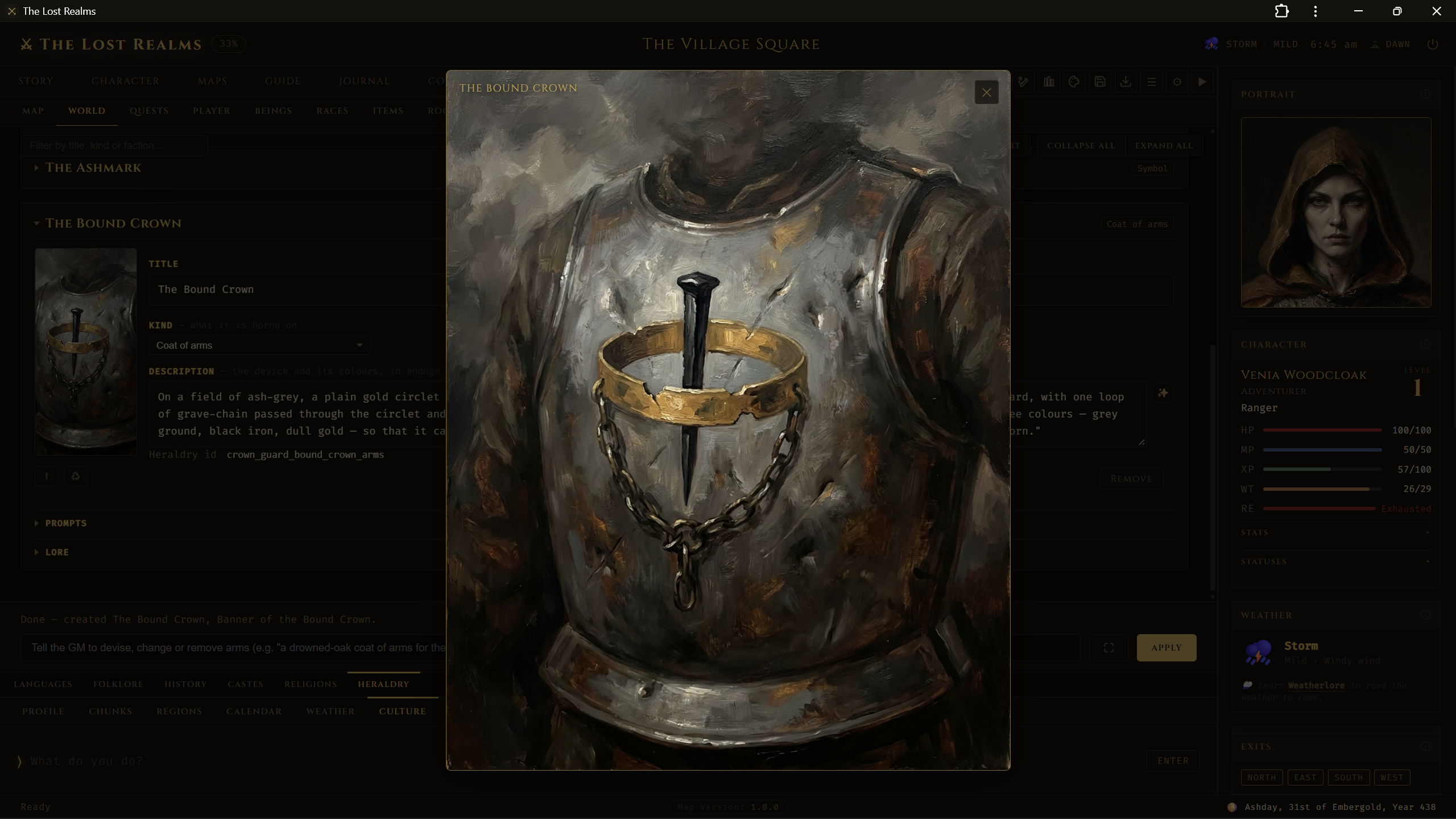 The Bound Crown, a coat of arms on a battered breastplate