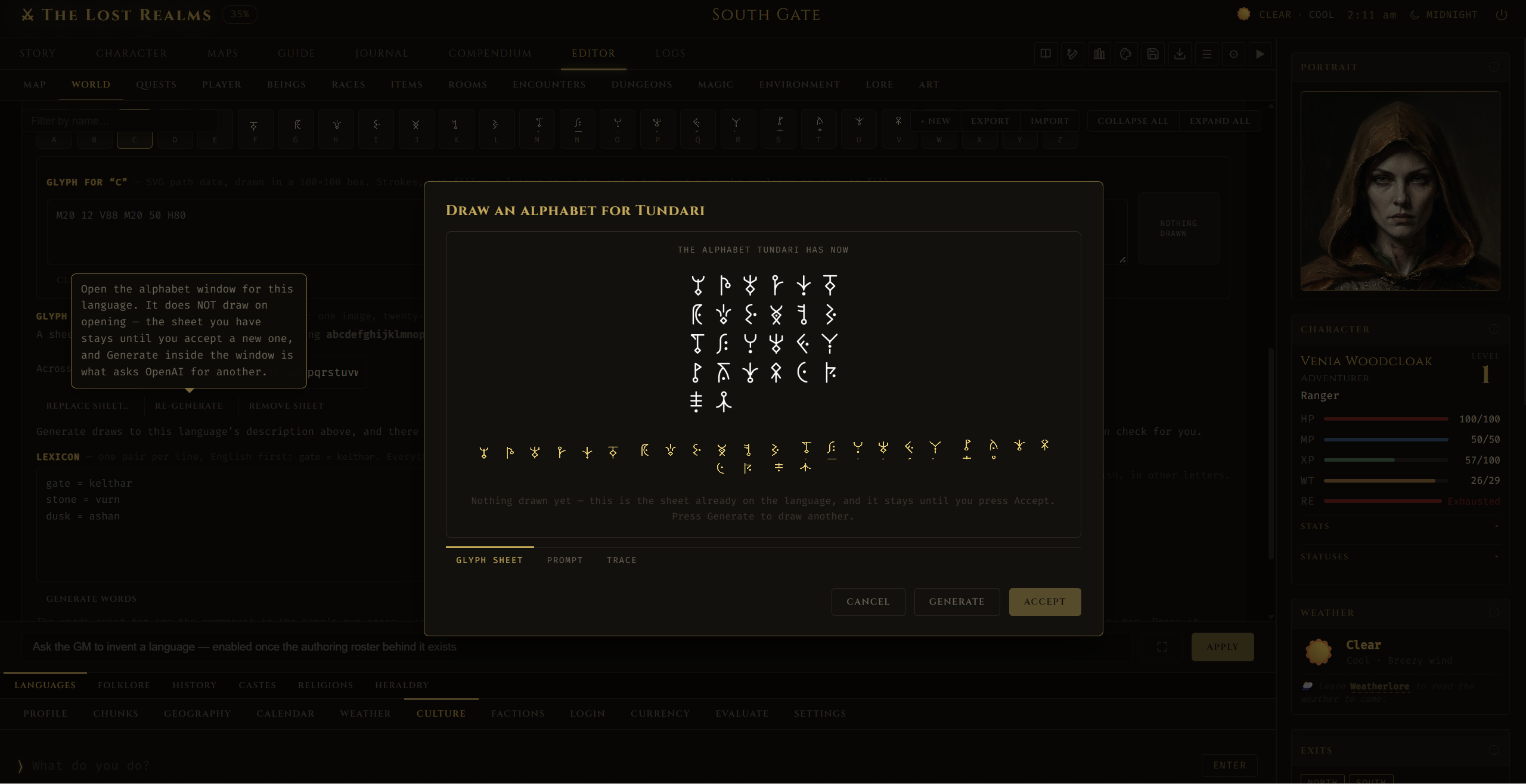 The alphabet window, drawing glyphs for the Tundari language