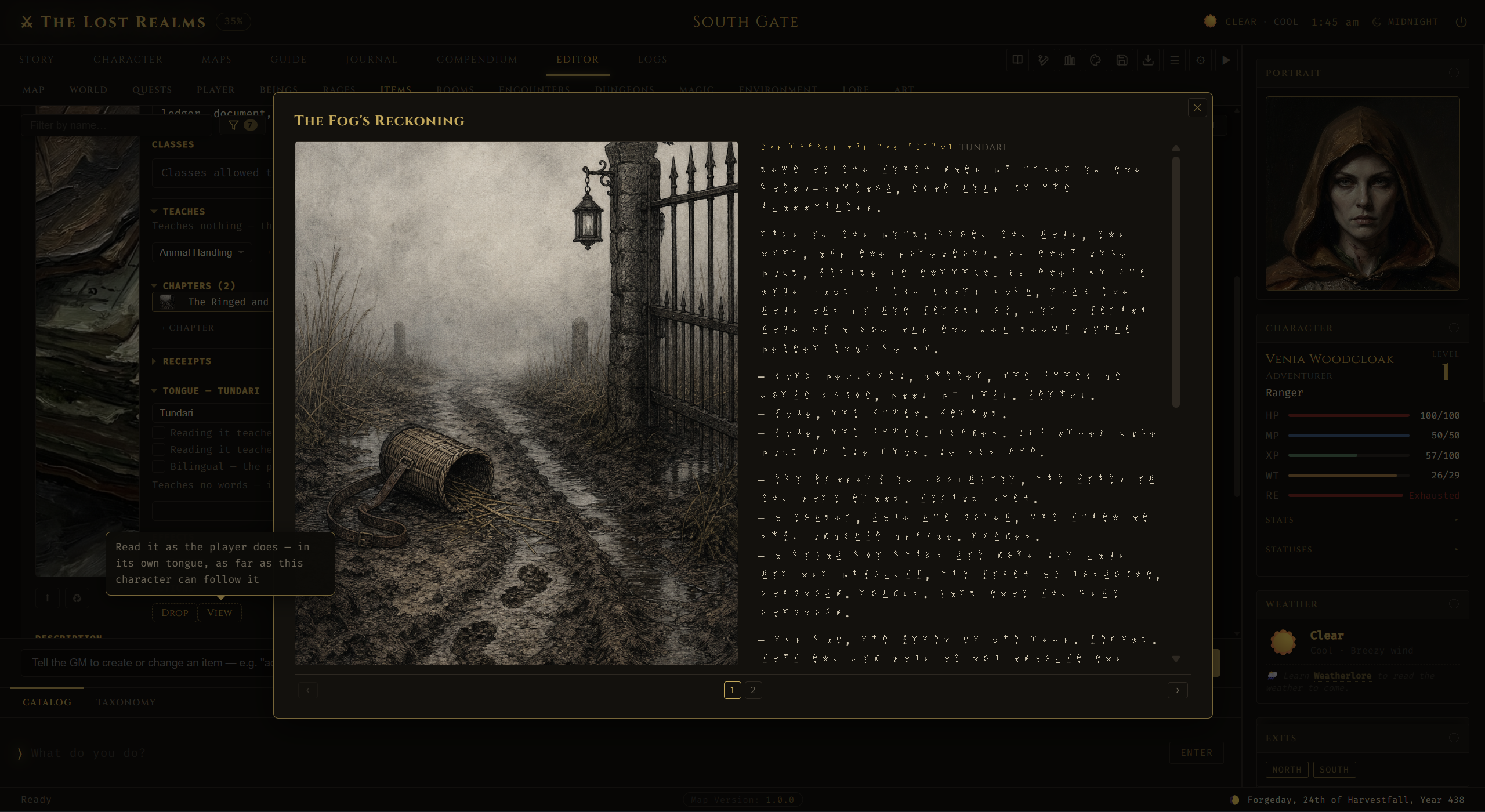 A lore book opened to its first page, written in Tundari