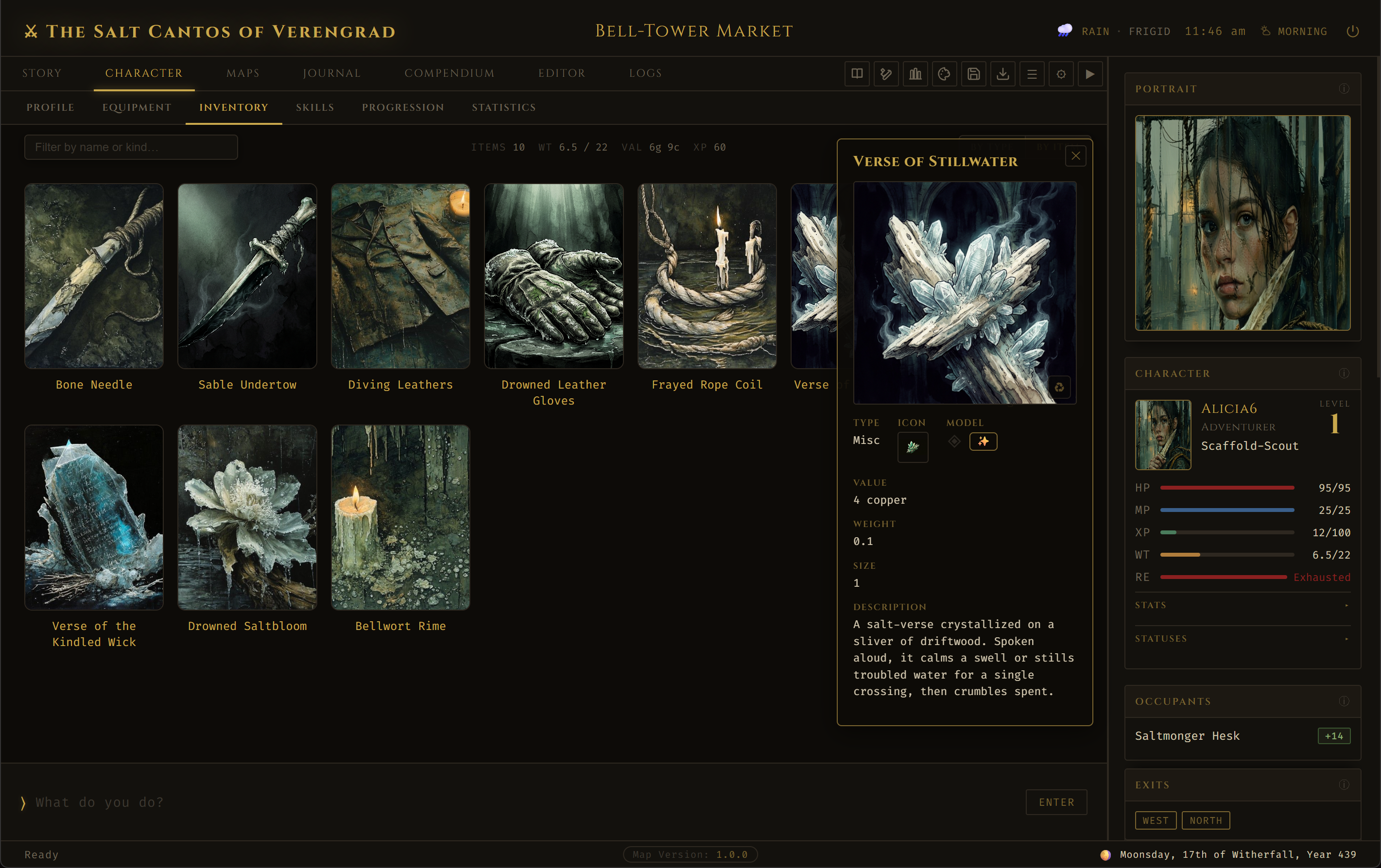 The inventory, with an item card opened
