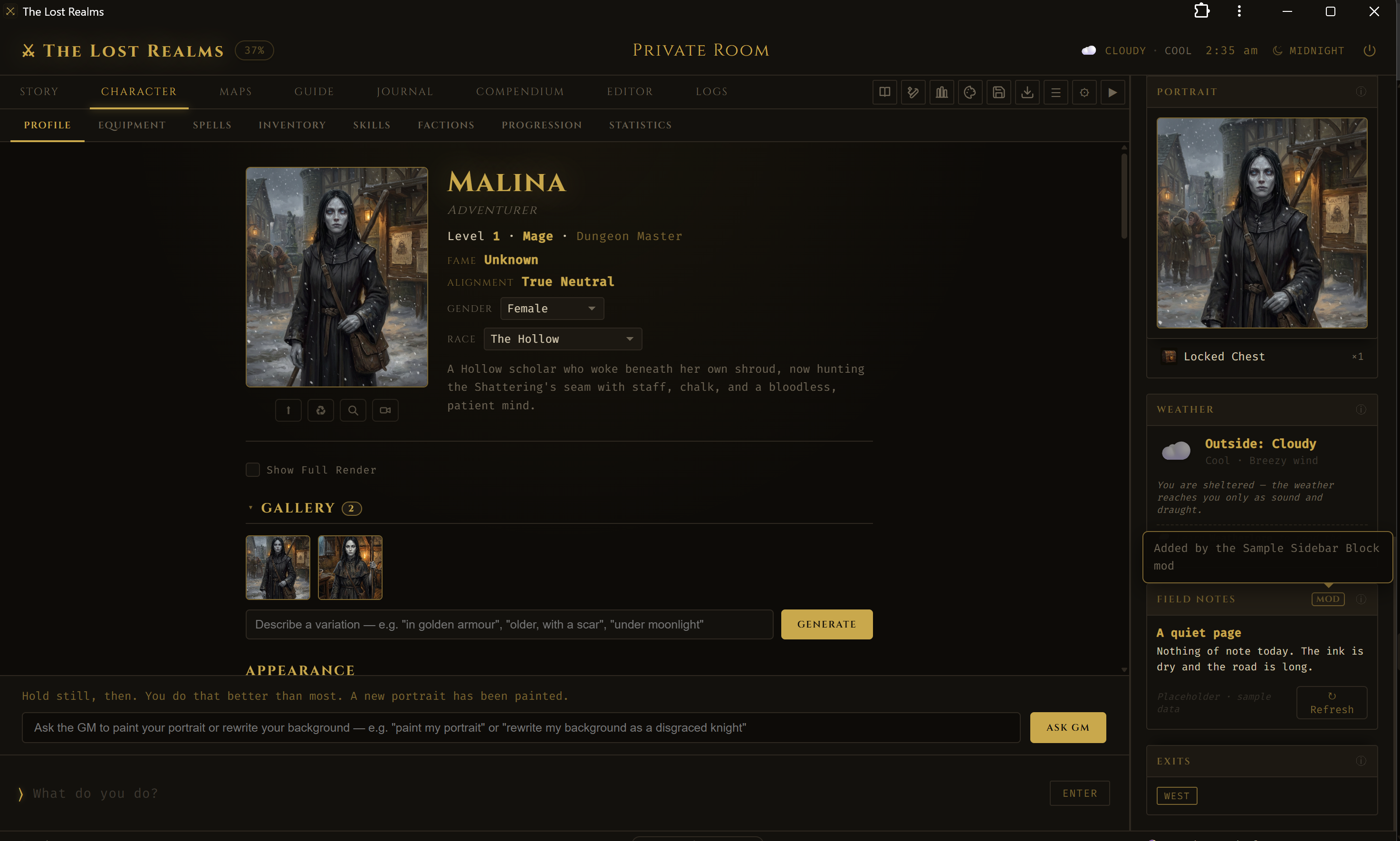 The Lost Realms running in a Chrome app window, on the Character tab. The right-hand sidebar holds Portrait, Weather, the Field Notes mod block with its MOD badge, and Exits.